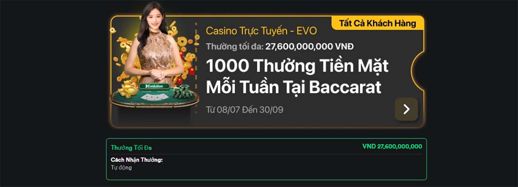 Casino trực tuyến EVO - 1000 Thưởng Tiền Mặt Mỗi Tuần tại V9bet